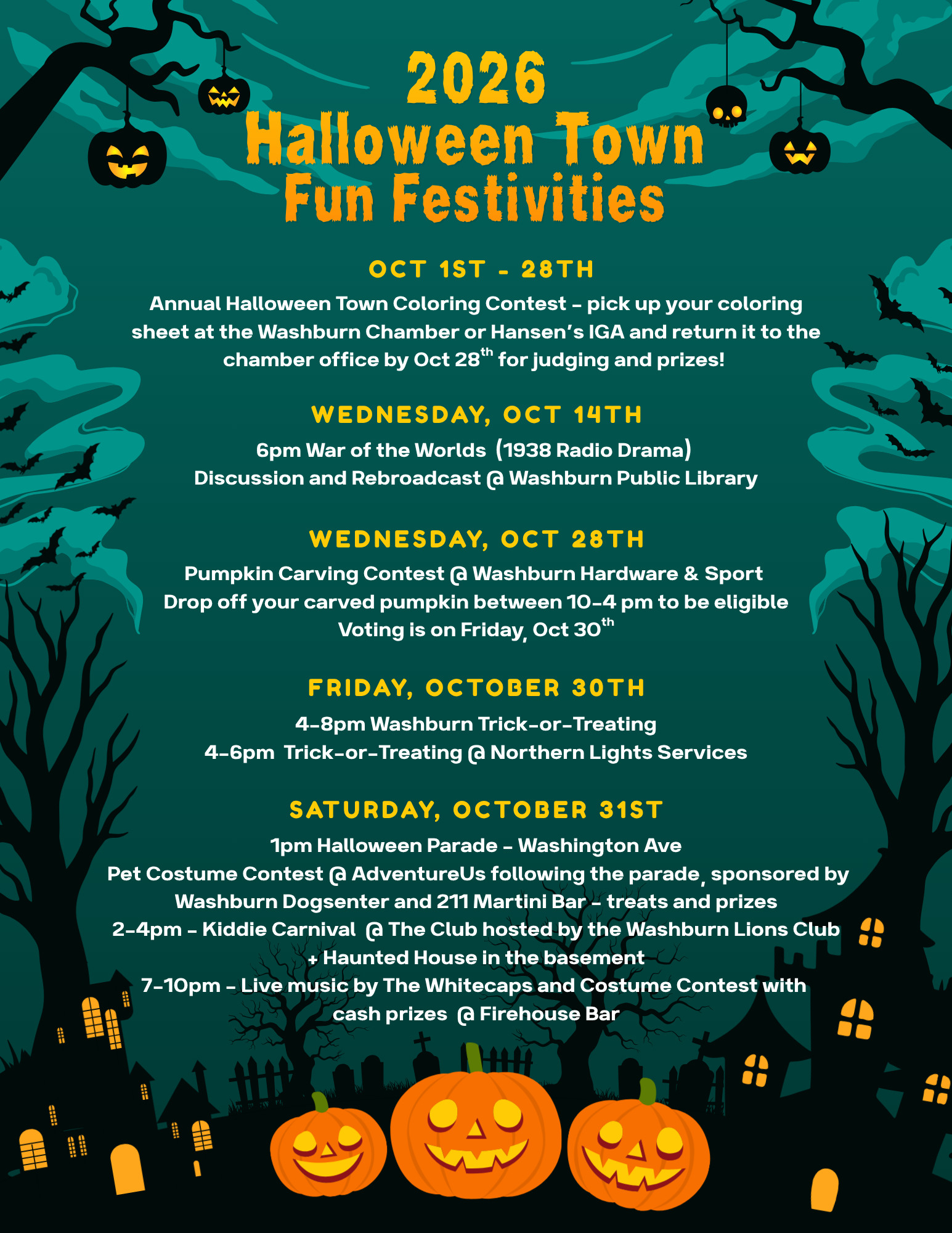 Halloween Sched of Events 2026 washburn halloween event